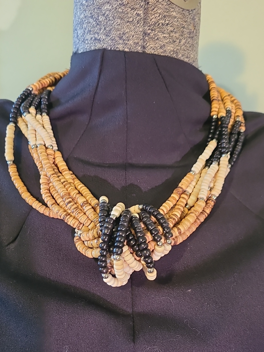Multistrand Beaded Necklace in Black and Tan